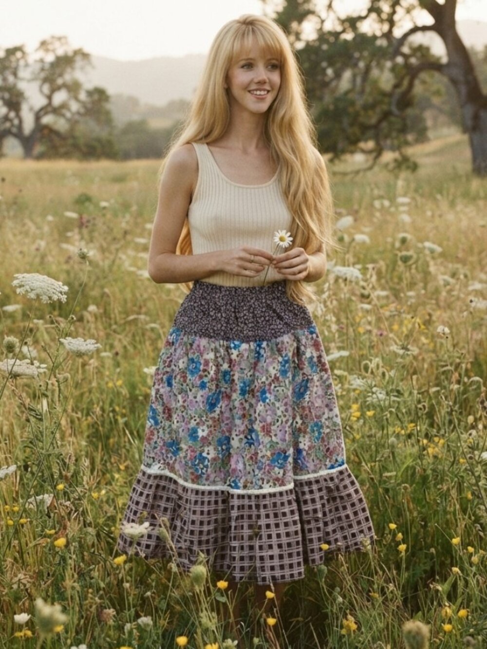 Vintage 80s Dandelion Patchwork Prairie Skirt Floral Plaid Cottagecore Midi Rare